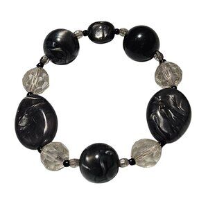 Boho Chic Black Clear Beaded Stretch Bracelet Marbled Swirl Design Jewelry Women